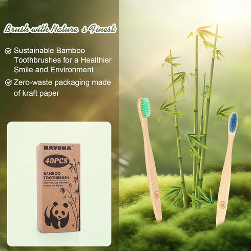 Navona 36 PCS Biodegradable Bamboo Toothbrushes, Individually Wrapped Bulk Toothbrushes, BPA Free Medium Soft Bristles Eco-Friendly, Natural Wood ...