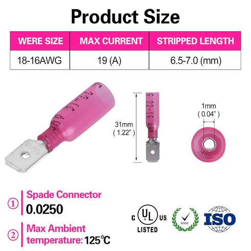 100 PCS 22-16 AWG Waterproof Heat Shrink Quick Disconnect Connectors, Crimp Electrical Wire Male Spade Connectors Insulated Disconnect for Marine ...