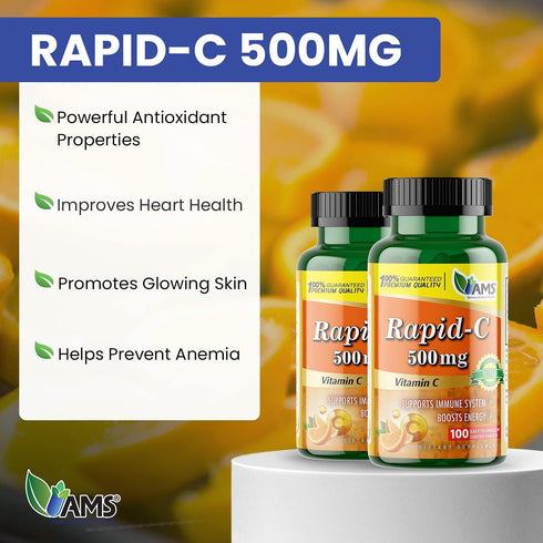 America Medic & Science Rapid-C 500mg Vitamin C Supplement (2 Pack of 100 Tablets) Energy Booster, Daily Immune System Support, Antioxidant | Vega...