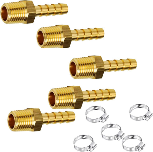 AOPANDA Brass Hose Barb Fitting, 3/8" Hose Barb to 3/8" NPT Male Air Hose Barb Fittings, Barbed Air Hose Repair Fitting Adapter Kit, 5 Pcs Hose Cl...
