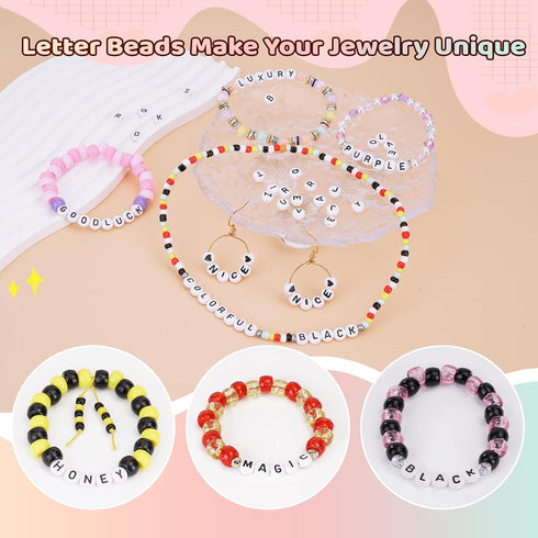 1450 Pieces Letter Beads Kit, 4x7 mm White Acrylic Alphabet Beads Letter Beads for Jewelry Making Number Beads Heart Beads Friendship Bracelet Bea...
