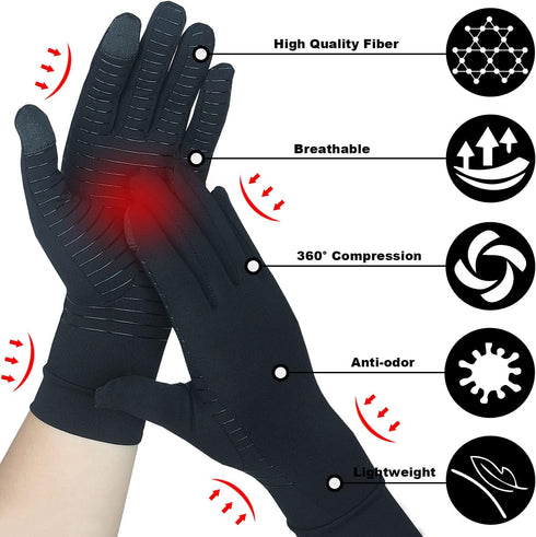2 Pairs Full Finger Copper Arthritis Gloves with Touchscreen Tip, Compression Gloves for Women Men, Relief for Rheumatoid, Osteoarthritis, Carpal ...