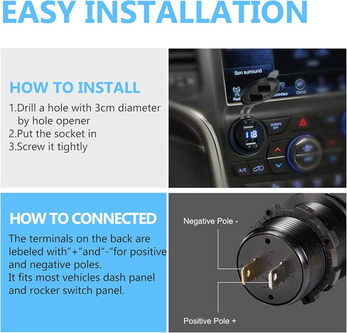 BUNKER INDUST Car Charger Socket Quick Charge 3.0QC,Dual Port USB Type C Outlet with Blue LED Digital Voltmeter,Aluminum Power Adapter 12V/24V Wat...