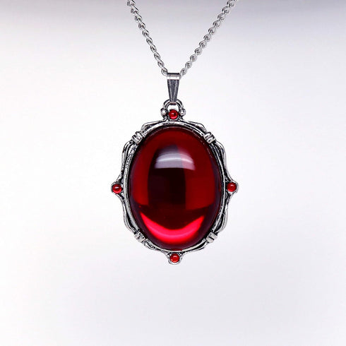 Blood Red Oval Stone In Silver Finish Pewter Frame Pendant Necklace...