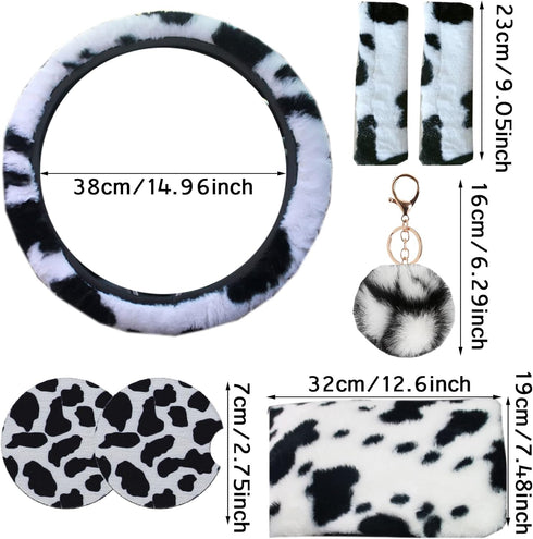 ZYNQACC 10 Pack Cow Print Car Accessories for Women & Girls, Fluffy Plush Cow Steering Wheel Cover Universal 15 inch Cute Car Interior Decor...