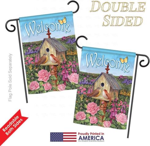 Breeze Decor - Welcome Bird House Garden Friends - Everyday Impressions Decorative Vertical Garden Flag 13" x 18.5" Printed in USA...