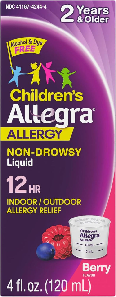 Allegra Children's 12-Hour Allergy Relief Liquid, Non-Drowsy Indoor and Outdoor Allergy Medicine, 30 mg Fexofenadine HCI Antihistamine for Kids, B...