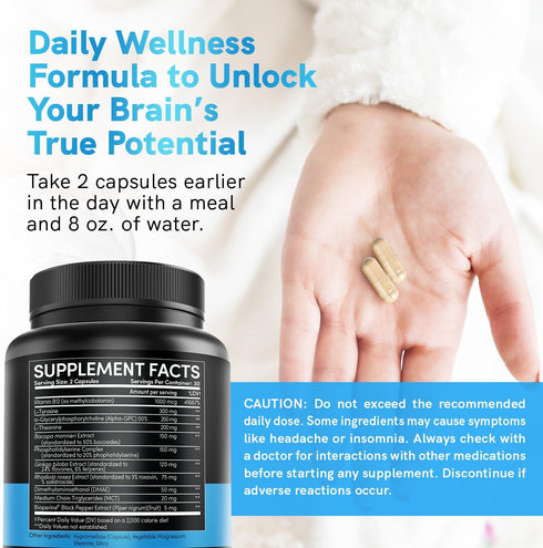 11-in-1 Nootropic Brain Supplements: Memory & Focus Supplement with Ginkgo Biloba, L Theanine, Bioperine, & Alpha GPC Choline - 1321mg, 60ct - Sti...
