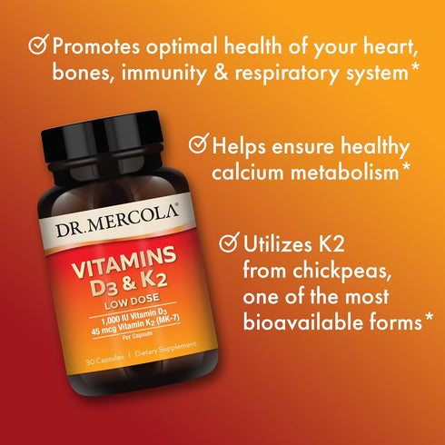 Dr. Mercola Vitamins D3 & K2 Low Dose, 30 Servings (30 Capsules), 1,000 IU Vitamin D3 & 45 mcg Vitamin K2 (MK-7) Per Capsule, Dietary Supplement, ...