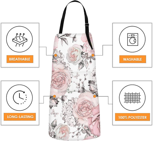 Britimes Apron Home Kitchen Cooking Baking Gardening for Women Men with Pockets Pink Flowers Leaves Watercolor Floral 32x28 inch...