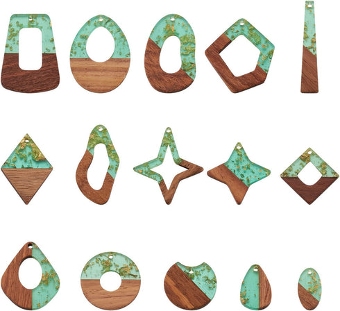FASHEWELRY 30Pcs Transparent Resin Wood Earring Charms Gold Foil Teardrop Rhombus Oval Wooden Resin Charms Vintage Geometric Wood Statement for Je...