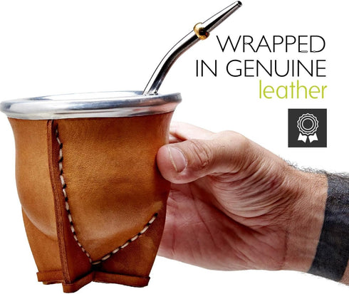 BALIBETOV Leather Wrapped Handmade Yerba Mate Gourd (Mate cup) with Bombilla (Yerba Mate straw) (Natural)...