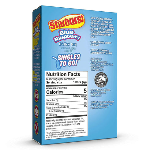 Starburst Singles To Go Zero Sugar Drink Mix, Blue Raspberry, 6 CT Per Box (Pack of 1)...