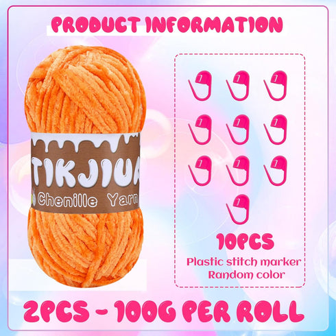 7OZ Orange Chunky Chenille Yarn, Crochet Chenille Yarn with Stitching Markers, Chunky Chenille Yarn for Blanket Pillow Sweater Knitting Scarf Weav...
