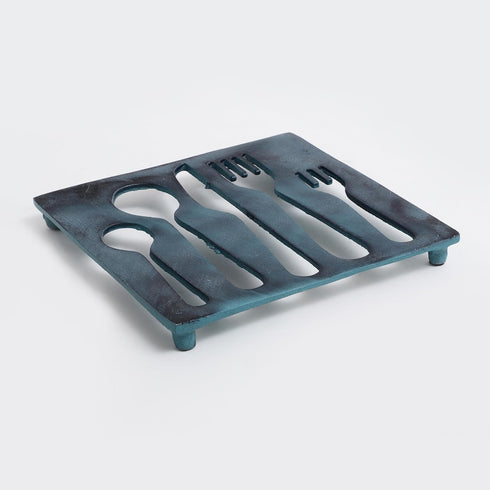 Cutlery Set Shaped Metal Trivet for Serving Hot Dish, Pot, Pans & Teapot on Kitchen Countertop or Dinning, Table-Heat Resistant (Antique Blue)...