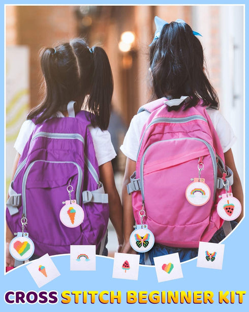 Pllieay 6 Pcs Cross Stitch Kits for Beginners for Kids 7-13, Kids Embroidery Kit Needlepoint Kit Arts and Crafts Kit with Instructions for Backpac...