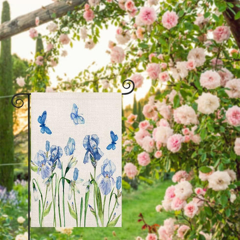 Blue Floral Garden Flag 12.5x18 Inch Vertical Double Sided Rustic Farmhouse Decor Iris Flowers with Butterfly Spring Seasonal Holiday Small Yard F...