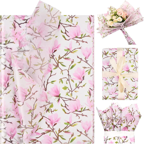 100 Sheets Pink Magnolia Flowers Printed Tissue Paper Floral Pattern and Leaves Art Decorative Tissue for Gift Wrapping Supplies...