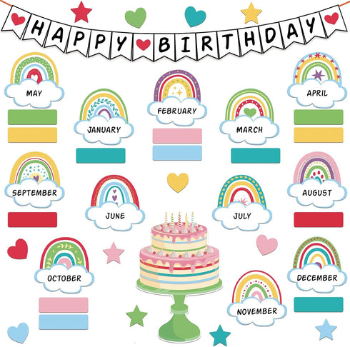 65 Pcs Birthday Bulletin Board Set Rainbow Classroom Happy Boho Birthday Chart Cutouts Decorations Decor Board for Classroom Home Calendar Bulleti...
