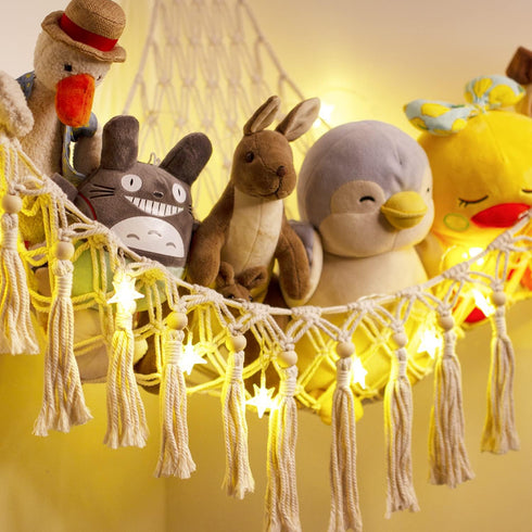 Stuffed Animal Toy Storage Hammock with LED Light - Macrame Jumbo Doll Corner Stuff Animals Organizer Decorations - Cute Hanging Plushie Net Kids ...