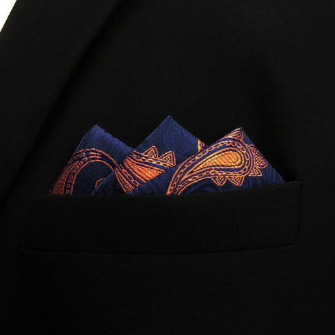SHLAX&WING Paisley Navy Blue Orange Yellow Handkerchief Mens Ties Silk...