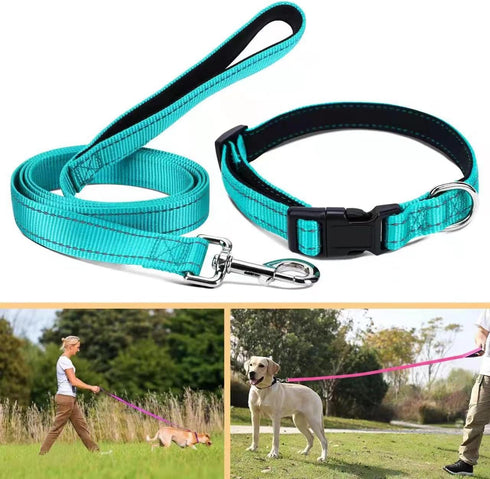 Durable Reflective Dog Collar and Leash set with Double Layer Nylon, Soft Neoprene Padded Dog Collar with 5ft Strong Pet Leash Easy for Medium Lar...