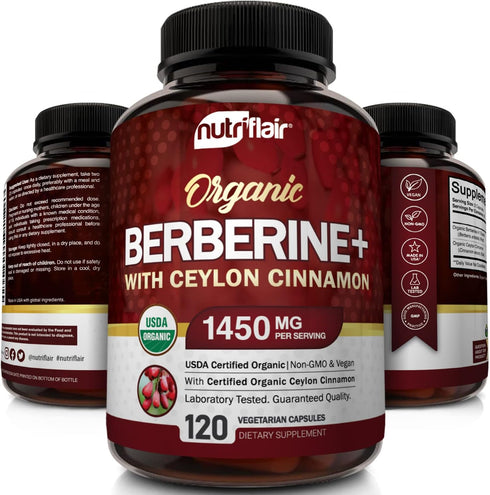 NutriFlair Organic Berberine with Ceylon Cinnamon 1450mg, 120 Capsules...