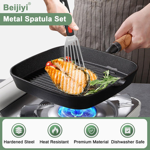 Beijiyi Stainless Steel Spatula Set, Heavy Duty Small Metal Spatula for Cooking Cast Iron Skillet with Silicone Handle - Griddle Grill Kitchen Spa...