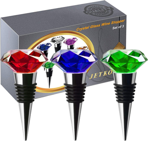 JETKONG 3 Pcs Wine Beverage Bottle Stoppers Reusable Diamond Plug Wine Corks Crystal Wine Stopper (Red Blue Green)...