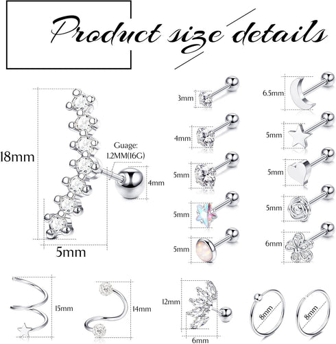 Florideco 21Pcs 16G Cartilage Earring Stud for Women Stainless Steel 20G Cartilage Hoop Earring Set Heart Flower Chain Dangle CZ Curved Tragus Con...