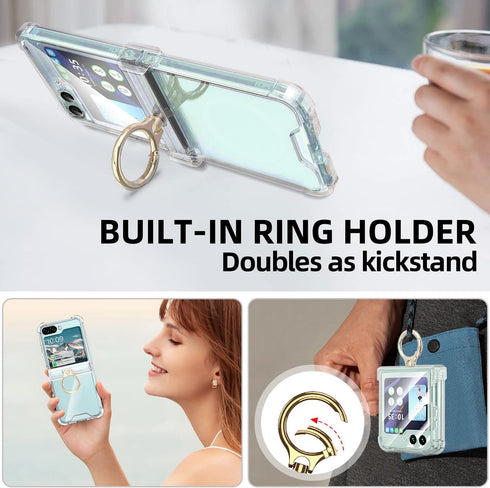 CASEOWL for Samsung Galaxy Z Flip 6 Case with Hinge Protection, 360°Ring Kickstand, Support Wireless Charging Protective Phone Case Clear Cover fo...