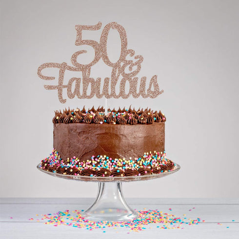50 and Fabulous Rose Gold Glitter 50th Birthday Cake Topper for Women...