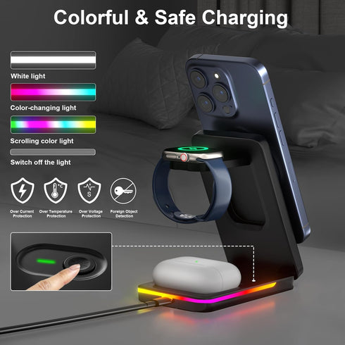 3 in 1 Wireless Charging Station with Magsafe Charger Stand, Foldable Magsafe Charger for iPhone 15 Pro Max/14/13/12, Foldable Charger 3 in 1 for ...