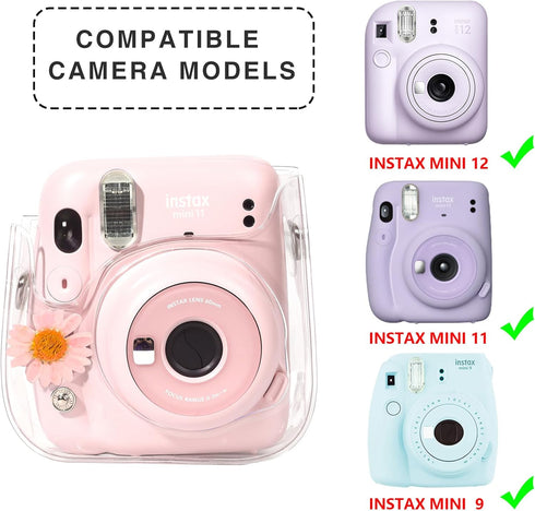 Case for Fujifilm Mini 12/11/9/8 Instant Camera Protective Bag with Transparent Shoulder Strap (Real Flower - Pink)(No Camera)...