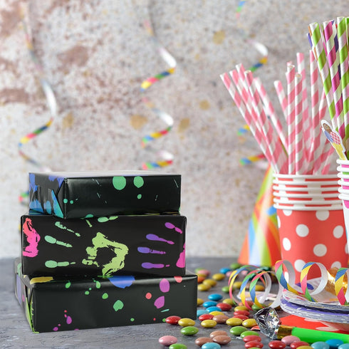 AnyDesign 12 Sheet Colorful Wrapping Paper 4 Design Black Neon Art Packaging Paper Folded Flat DIY Art Craft Paper for Glow Party Birthday Party B...