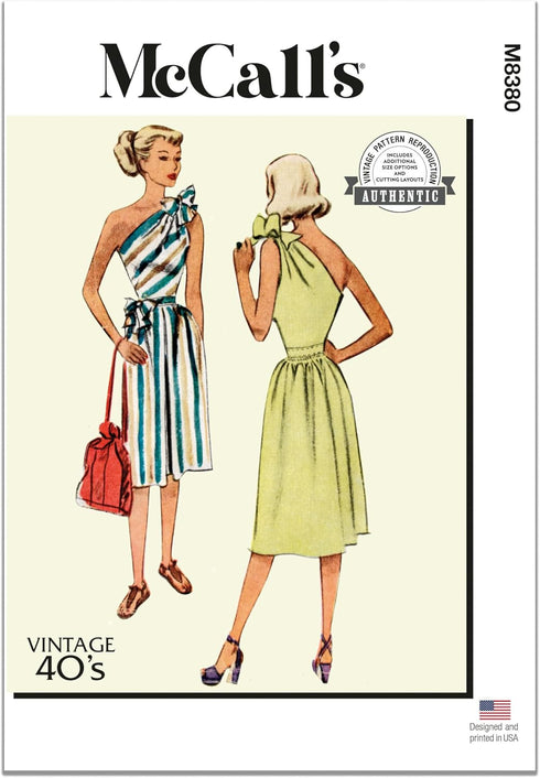 McCall's Vintage 1940's Misses' Dress Sewing Pattern Packet, Design Code M8380, Sizes 6-8-10-12-14...