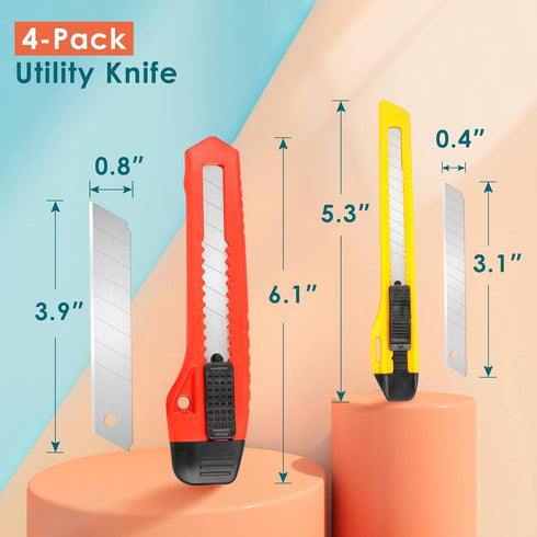 ORIENTOOLS Utility Knife Box Cutter Razor Auto-lock 4-Pack Set, Retractable Box Cutter Snap Off Blades Knife, for Office, Home, Arts, Crafts, Red ...