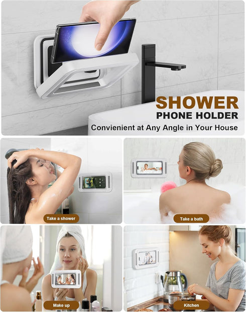 Upgraded Shower Phone Holder Waterproof with Speaker Hole Screentouch Shower Phone Stand Case Mount for Bathroom Bathtub Kitchen Wall Mirror for i...