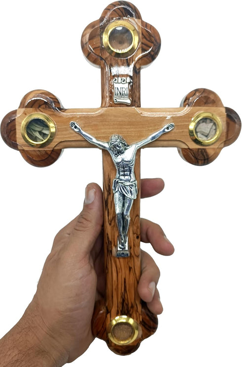 Zuluf 10.6" Olive Wood Wall Crucifix Catholic Hanging Cross with Relics Holy Essences Orthodox Holy Land Gift CRS033...