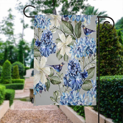 Moslion Floral Garden Flag Spring Plant Flowers Hydrangea Hibiscus Iris Bird Leaf Flags Double-Sided Banner Welcome Yard Flag Outdoor Home Decor. ...