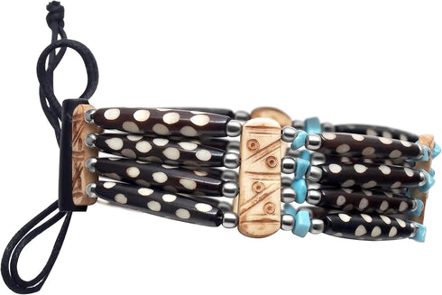 American Indian Style Bone Choker Necklace, 4 Row Blue Stone Speckled Traditional Hairpipe Beads, Unisex Adjustable...