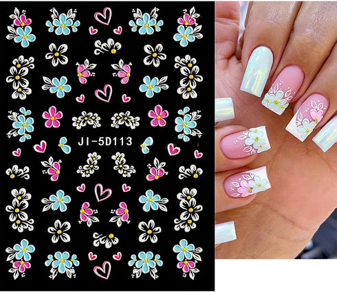 JMEOWIO 3D Embossed Flower Nail Art Stickers Decals Self-Adhesive Pegatinas Uñas 5D Spring Summer Floral Heart Nail Supplies Nail Art Design Decor...