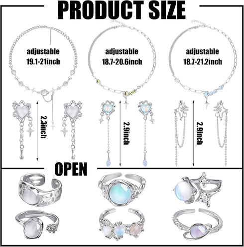 12 Pcs Y2k Necklace Jewelry Set Y2k Star Moonstone Accessories Irregular Pendant Earrings Dangling Silver Y2k Rings Aesthetic Crystal Jewelry Gift...
