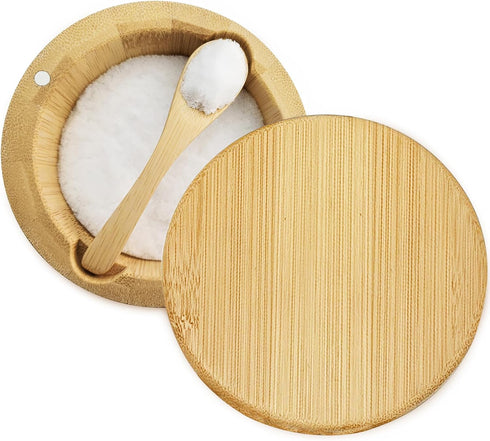Salt Box with Lid and Spoon Bamboo Salt Container Kitchen Spice Cellars with Swivel Lid Built in Spoon Salt Holder for Storage Sea Salt 12oz Capac...