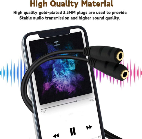 ONXE 2-Pack Gold Plated 3.5mm Stereo Jack Splitter Cable Adapter Connectors ,3.5mm Male To 2 X Female - for Connecting External Speakers or Use Bo...