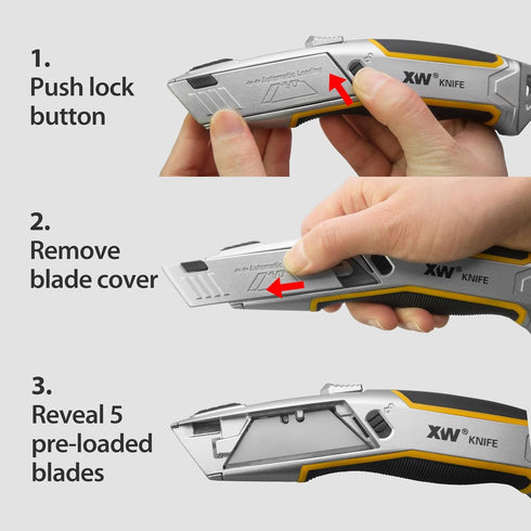 XW Heavy Duty Auto-loading Utility Knife,3-position Retractable Box Cutter with Total 5 Blades...