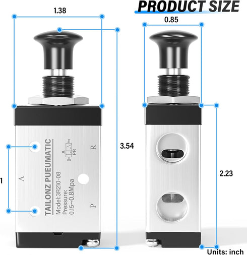 TAILONZ PNEUMATIC 3 Way 2 Position Air Hand Lever Operated Valve 1/4"NPT Pneumatic Solenoid Valve Manual Control Push-Pull 3R210-08...