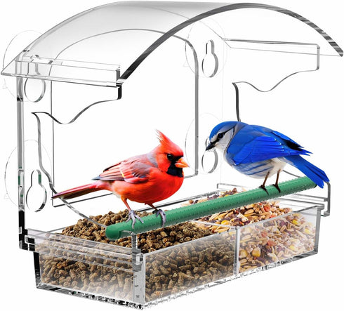 Clear Window Bird Feeder with 4 Strong Suction Cups and Detachable Seed Tray, Acrylic Birds Feeders for Outside Mounted Viewing Wild Birds Bird Ho...