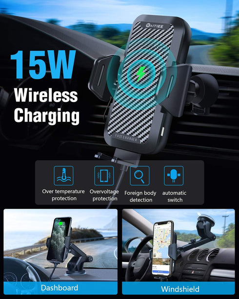 Wireless Car Charger, WAITIEE 15W Fast QI Charging Cell Phone Automobile Chargers, Auto Clamping Inductive Air Vent Dashboard Car Mount for iPhone...