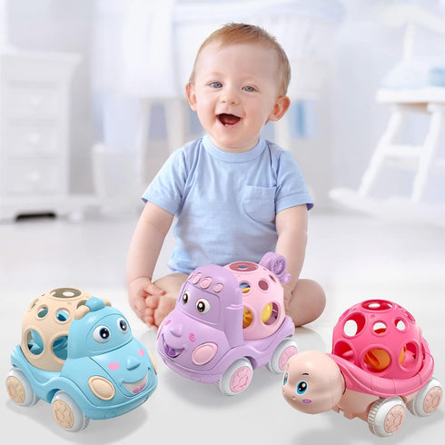 Pink Toy Car for Baby Girl Gifts, Push Toys Wind Up Cars for Toddler Girls, Rattle Cars for Babies, Pink Trucks for Toddlers 1-3 Infant Girls, Sof...